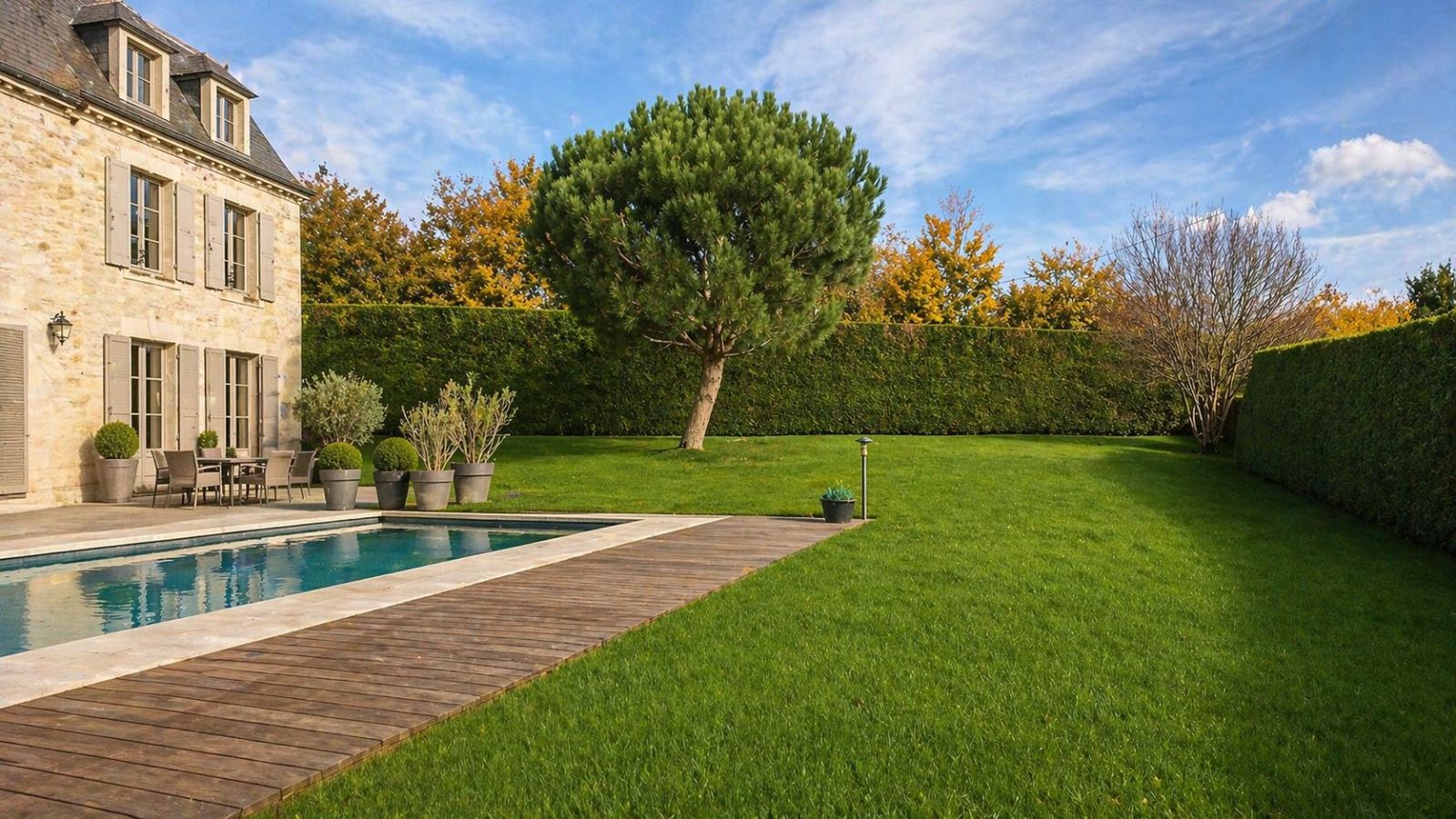 Jardin créé et entretenu par Familles & Services Laval — pelouse, piscine, pin parasol