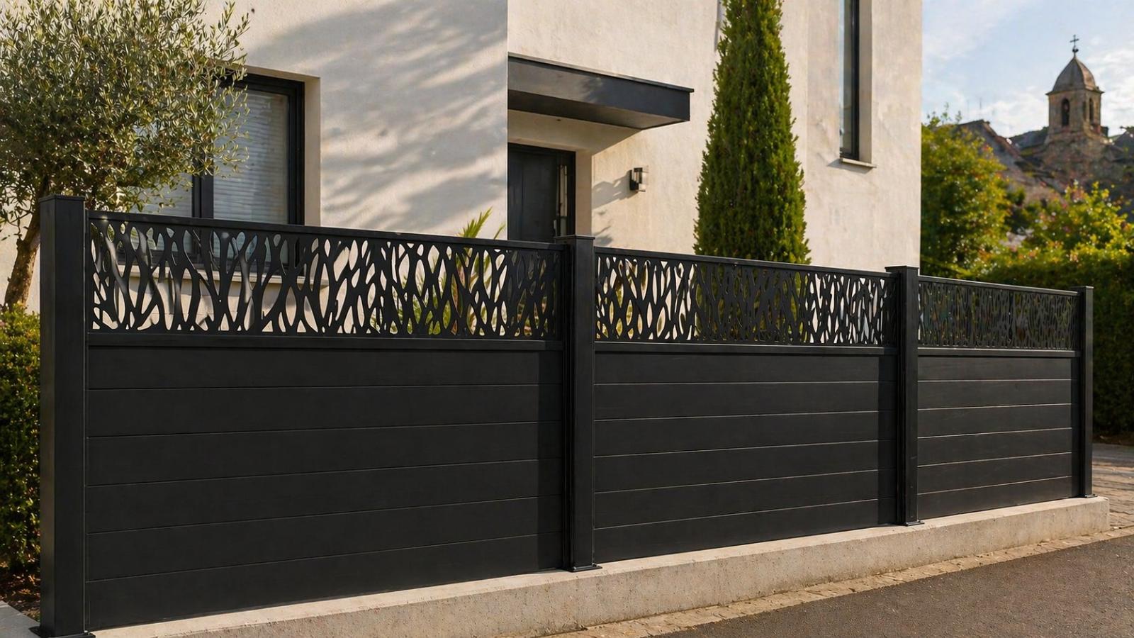 Clôture aluminium noire avec frise feuillages laser — réalisation Familles & Services Laval