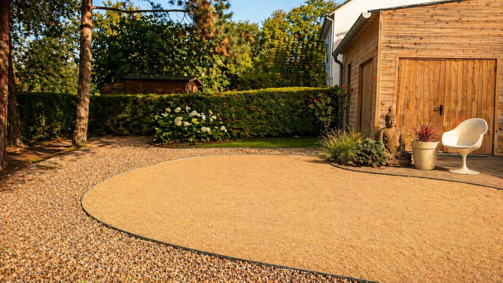 Création paysagère zen avec terrassement courbe, statue Bouddha et préparation pour engazonnement