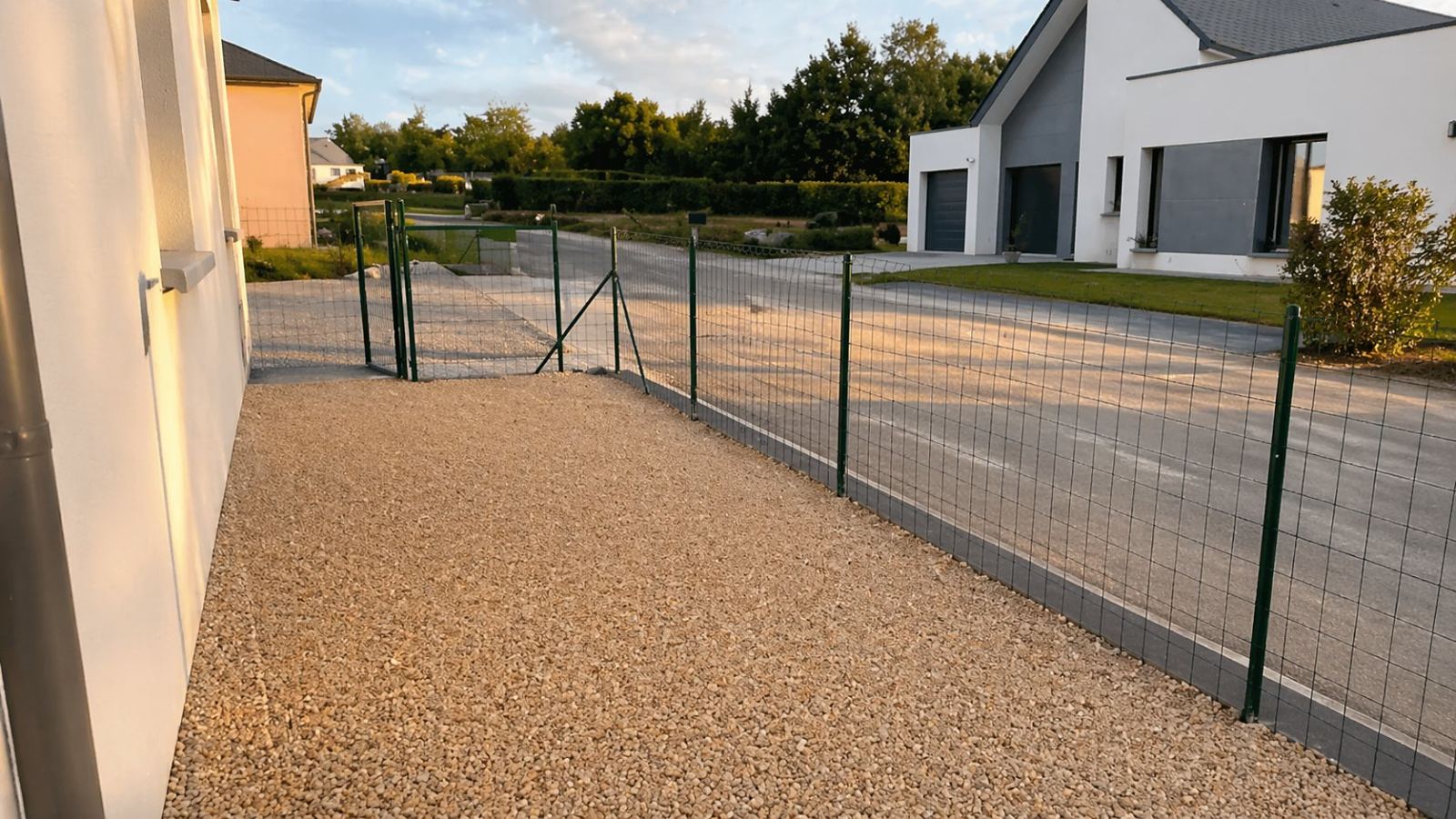 Aménagement extérieur complet d'une maison neuve à Laval : clôture rigide, allée gravier, pelouse