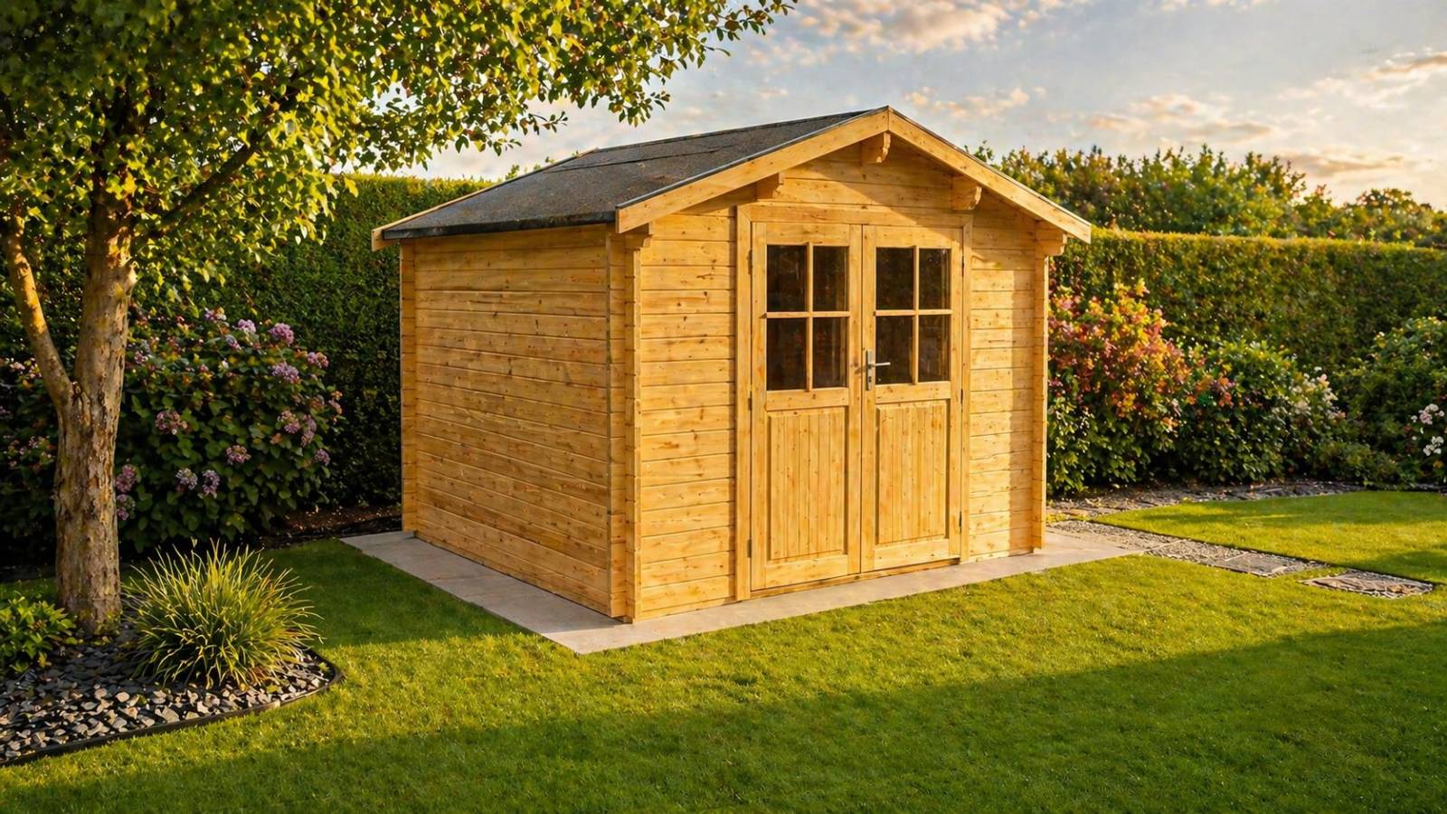 Abri de jardin en bois traité posé sur dalle béton fraîche, finition propre