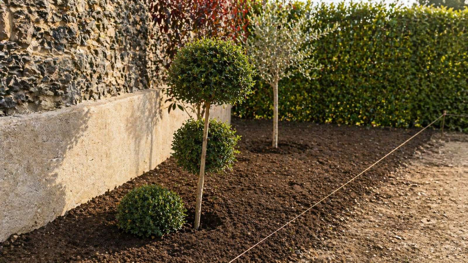 Plantation d'arbustes en cours, terre fraîche, cordeau tendu