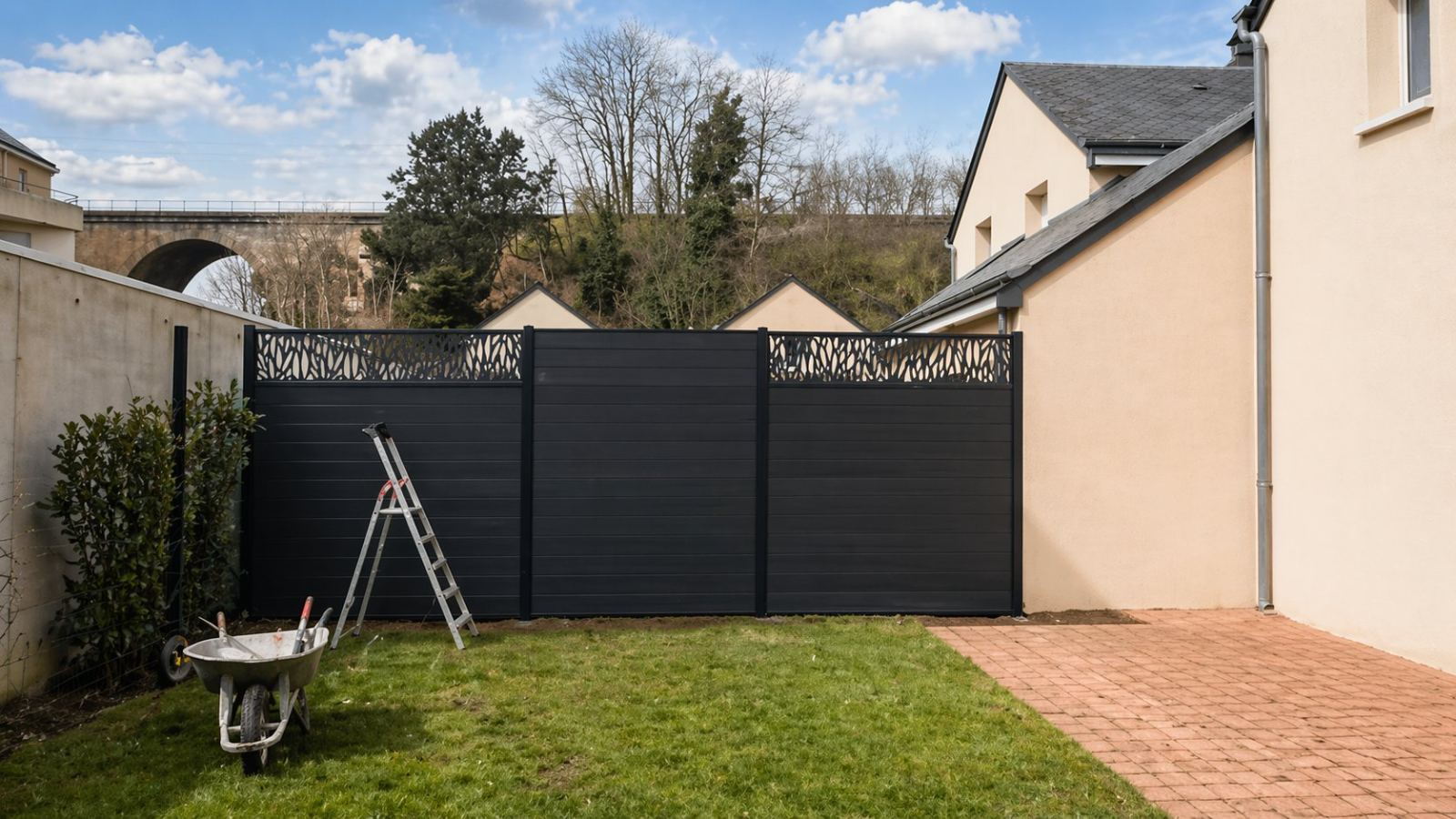 Pose d'une clôture aluminium contemporaine noire avec frise laser — vue sur le viaduc de Laval