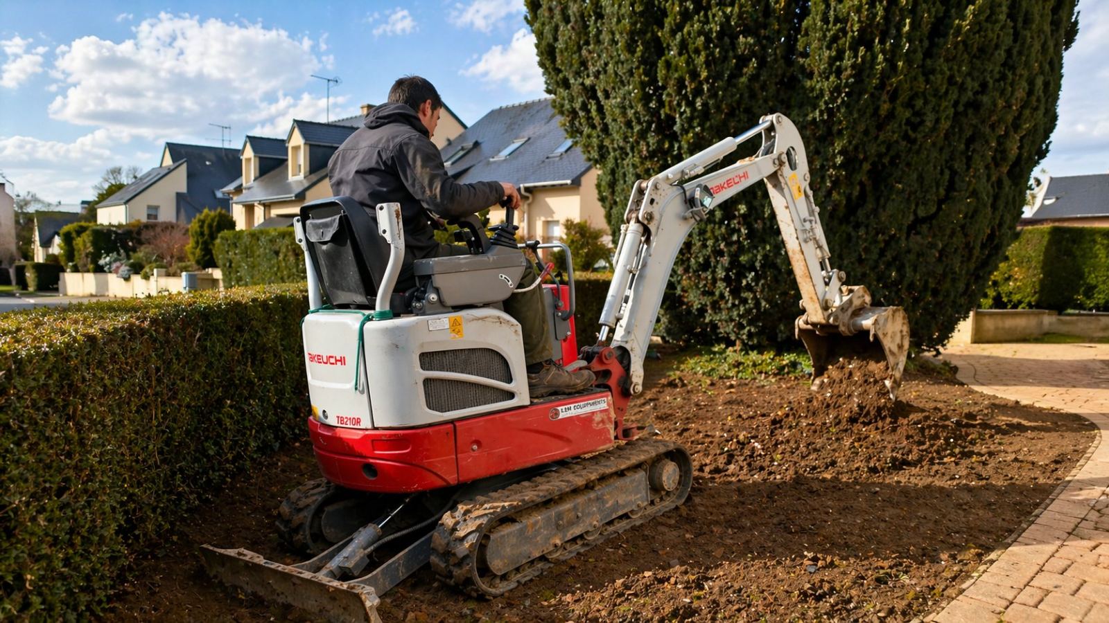 Dessouchage à la mini-pelle Takeuchi TB210R en quartier pavillonnaire de Laval