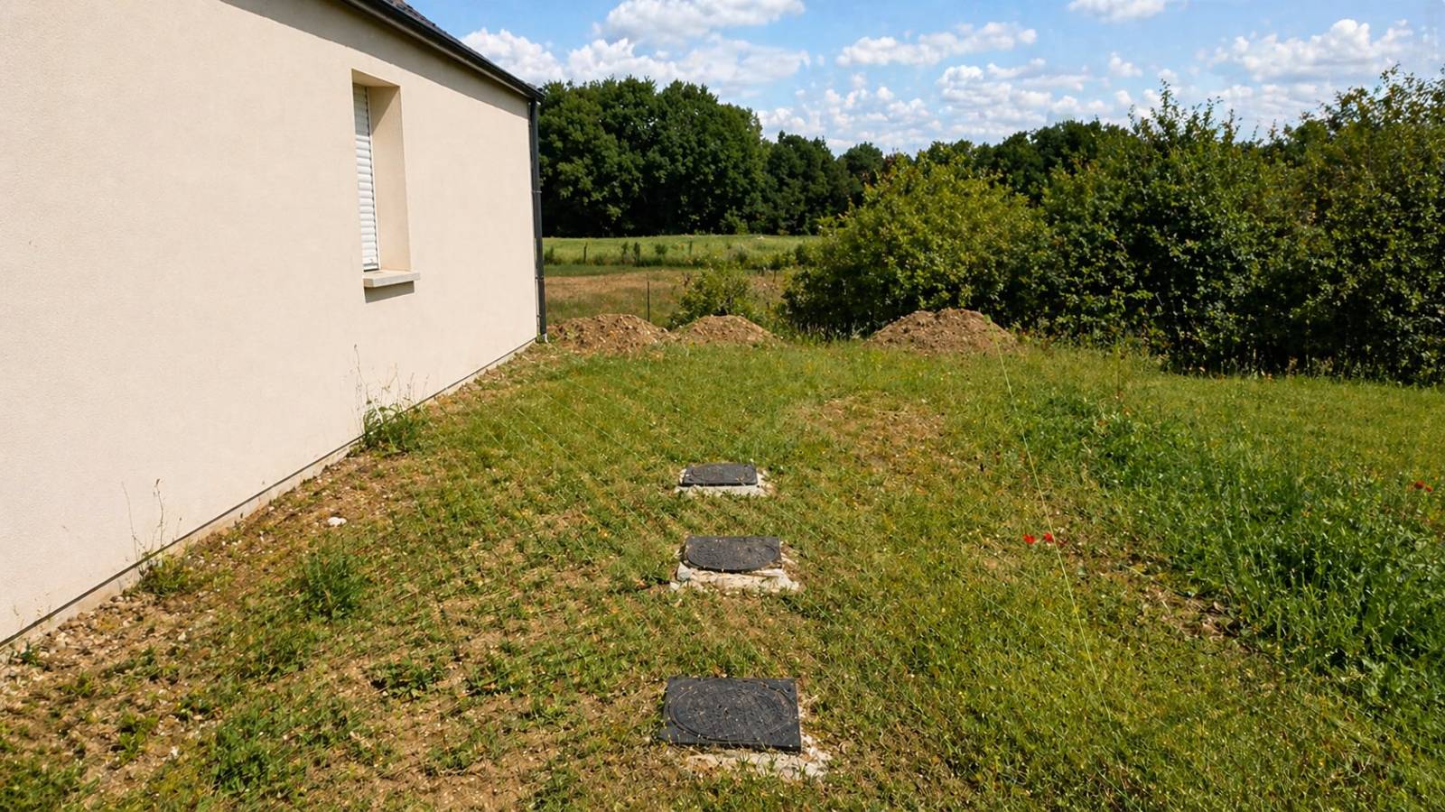 Parcelle brute à la livraison d'une maison neuve à Laval — 3 regards qui dépassent, terrain en friche