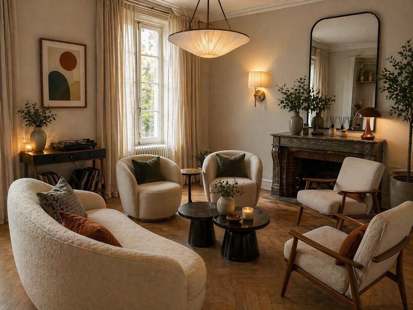 Salon élégant tenu par Familles & Services — ambiance raffinée, parquet point de Hongrie, cheminée marbre