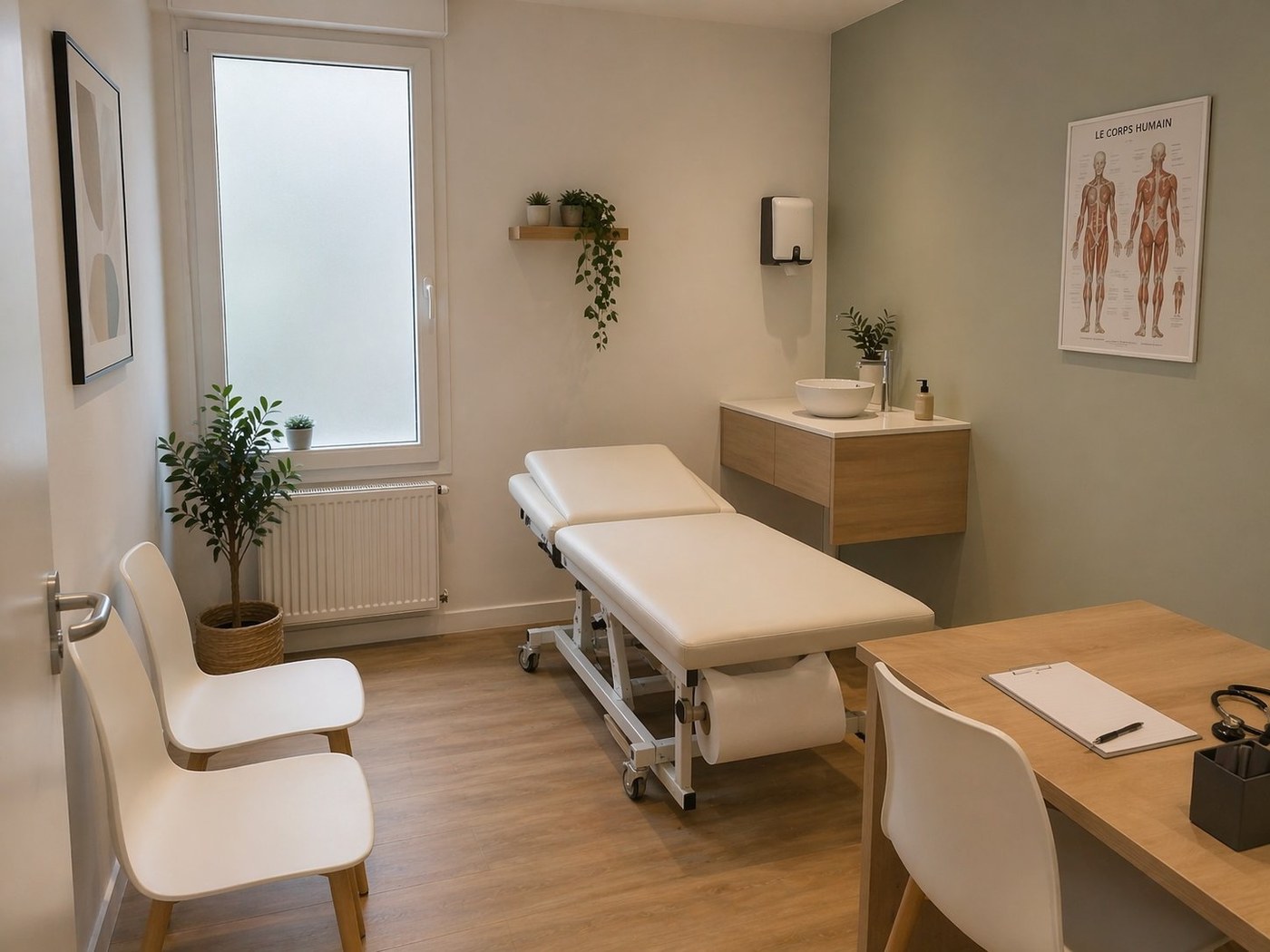 Cabinet médical professionnel nettoyé par Familles & Services — table d'examen, chaises d'attente, ambiance pro