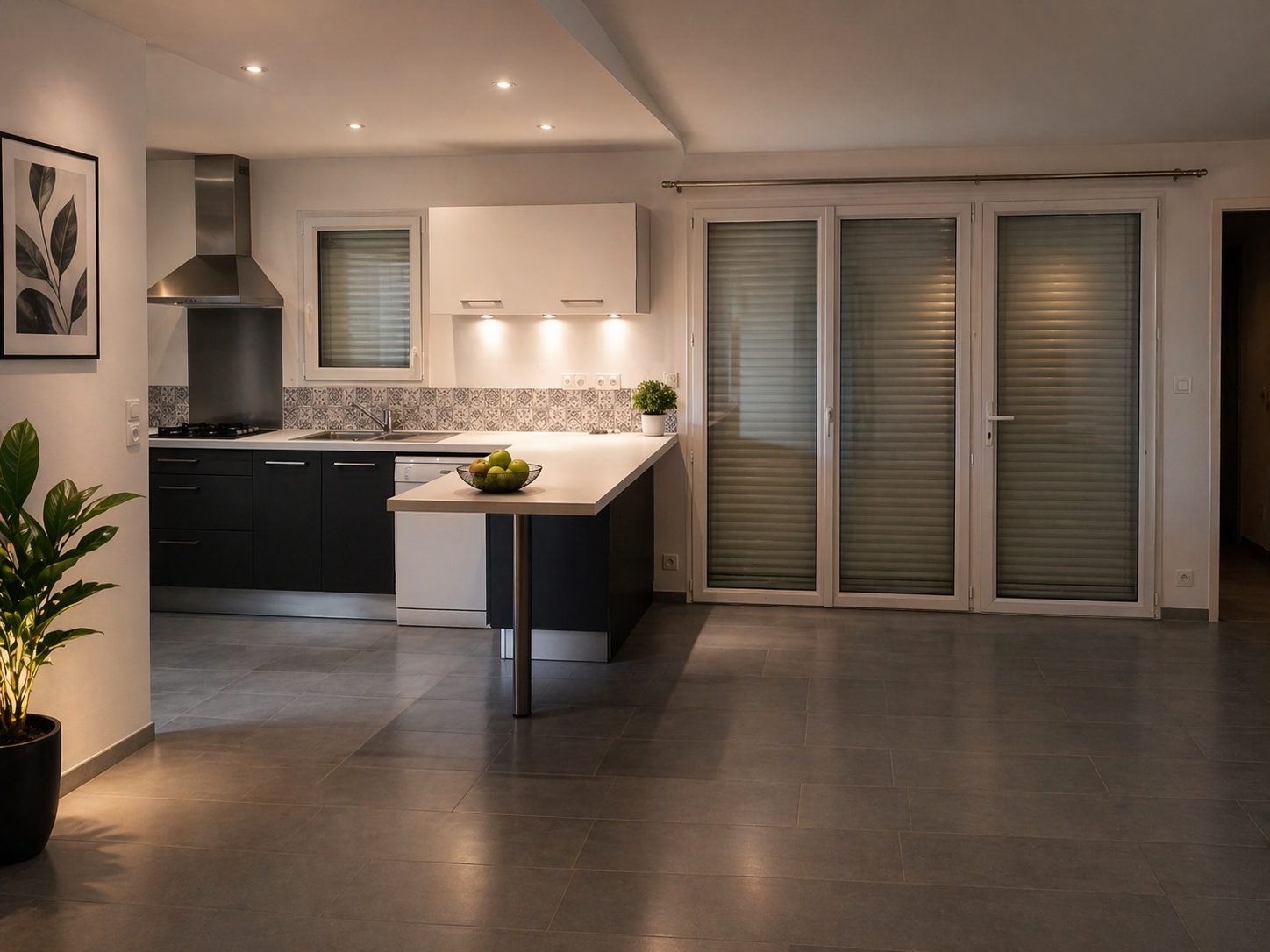 Remise en état d'un logement à Laval — séjour et cuisine ouverte après nettoyage complet, prêt à l'état des lieux
