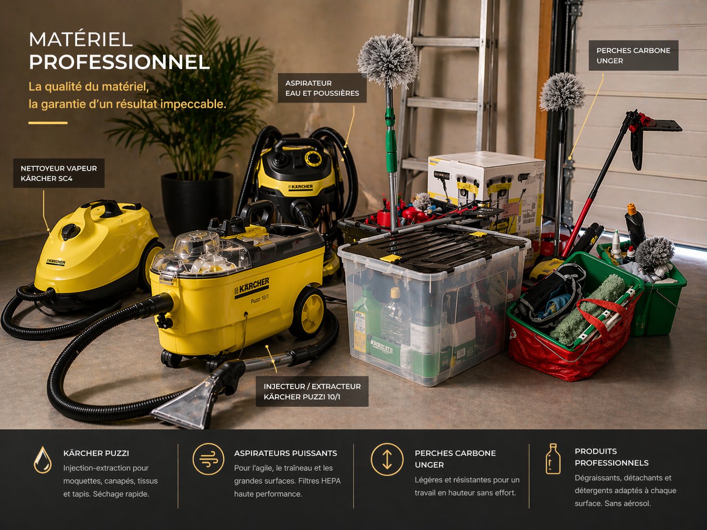 Matériel professionnel Familles & Services Laval — Kärcher SC4, aspirateur eau et poussières, injecteur-extracteur Kärcher Puzzi 10/1, perches carbone Unger, produits dégraissants et détergents professionnels